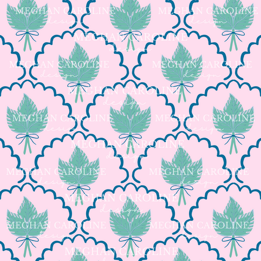 Green Palm Leaves - Blue Bow - Pink