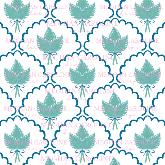 Green Palm Leaves - Blue Bow - White