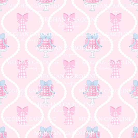 Pink Birthday Cake - Blue Bow - Pink Background