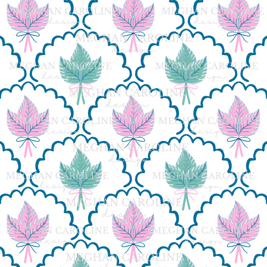 Pink & Green Palm Leaves & Bows - White