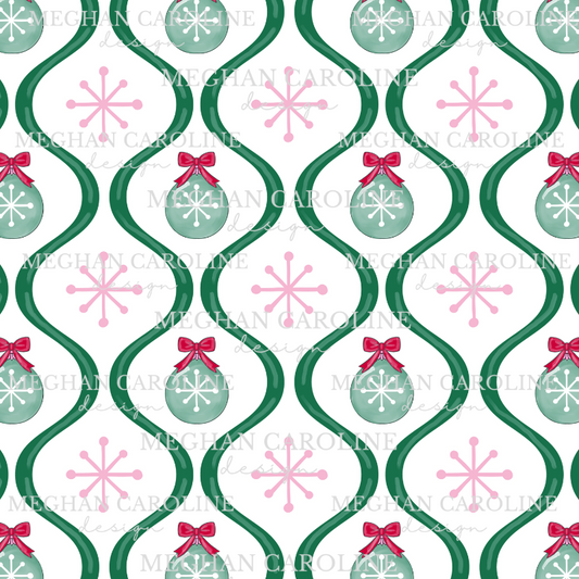 Green Ornaments with Red Bows - White