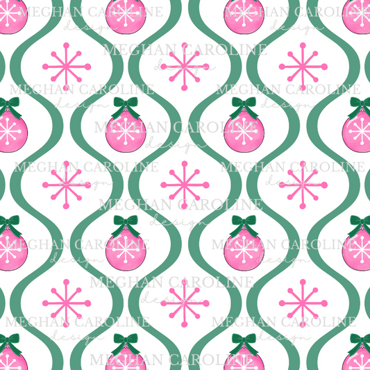 Pink Ornaments with Green Bow - White