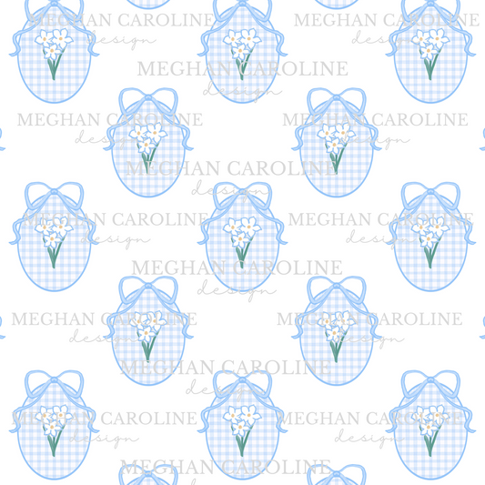 White Flowers - Blue Gingham